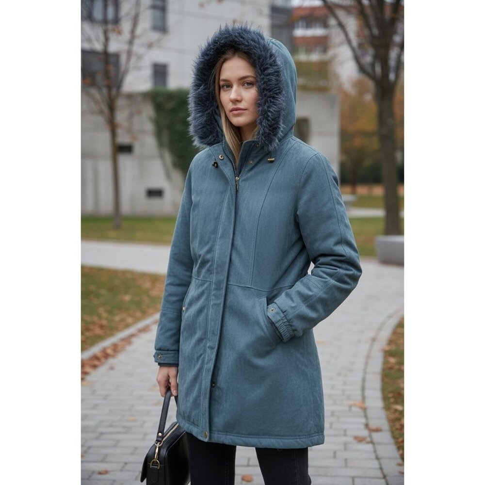 Vtg Faux Fur Detachable Hood Parka Jacket Full Zip Pockets Retro Wmn M